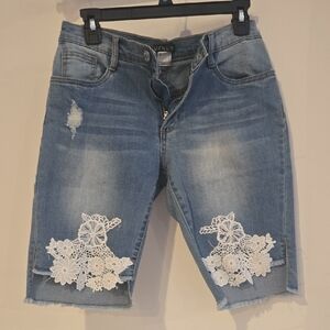 VENUS Denim Shorts with White Lace Detail